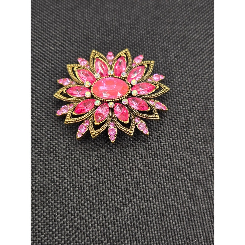 Pink Rhinestone Flower Brooch Gold Tone Sunburst Floral Pin Vintage Style